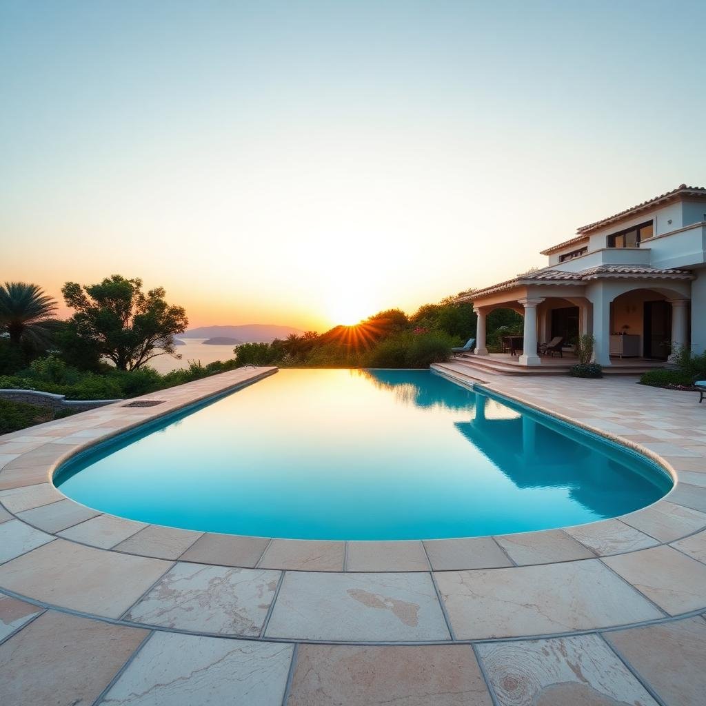 Sinai Pearl limestone pool deck with Mediterranean villa